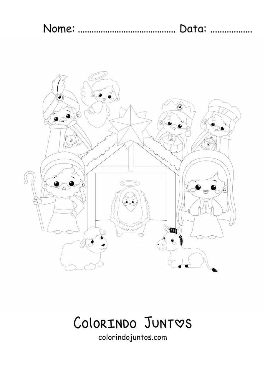 Desenho para colorir de presépio de Natal kawaii com os três reis magos