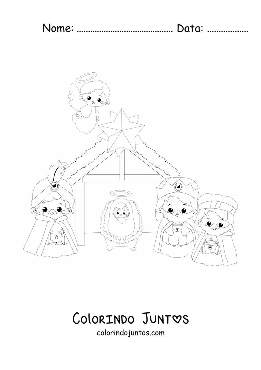 Desenho para colorir de reis magos kawaii com o menino Jesus
