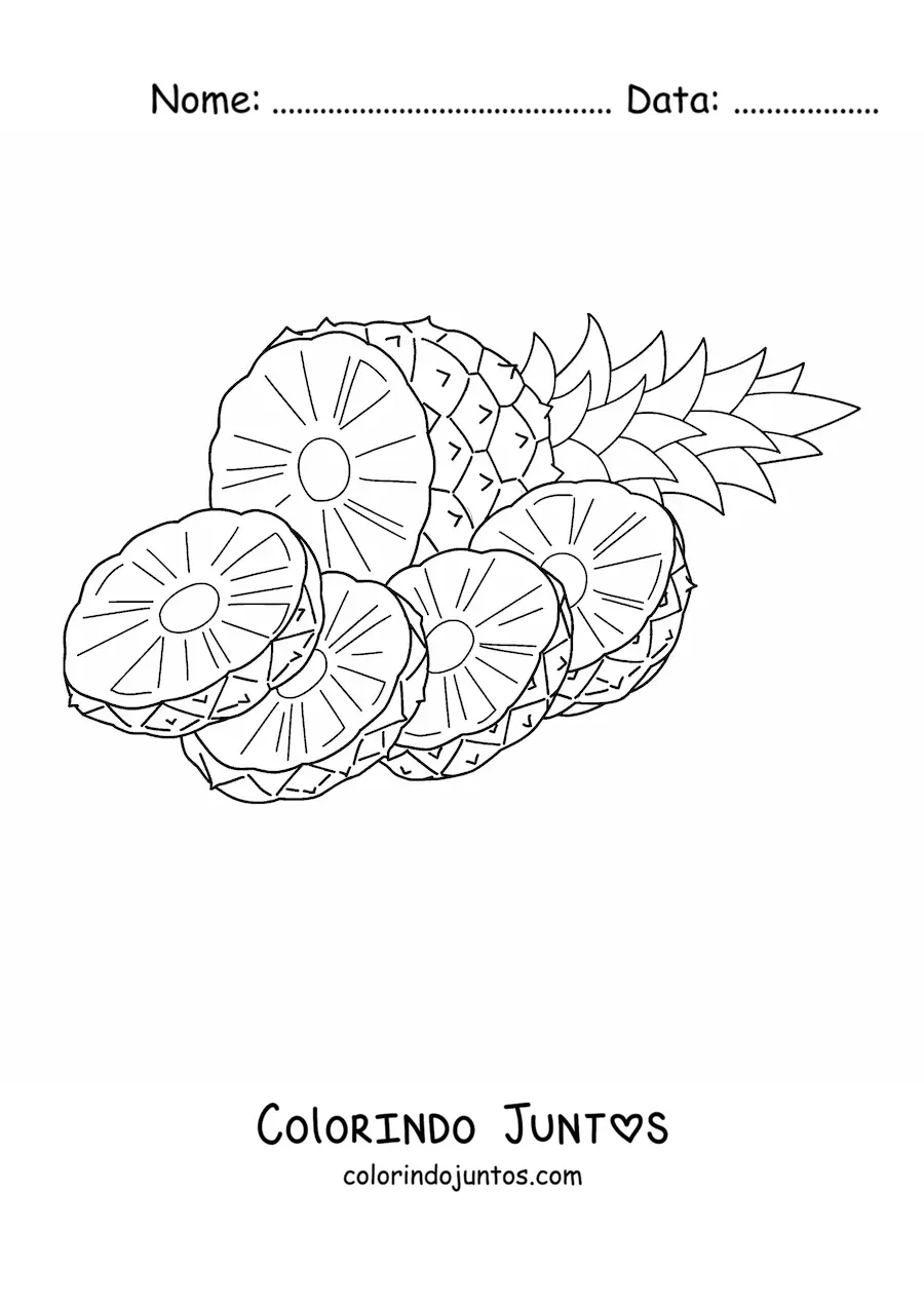 Desenho para colorir de um abacaxi fatiado em quatro pedaços