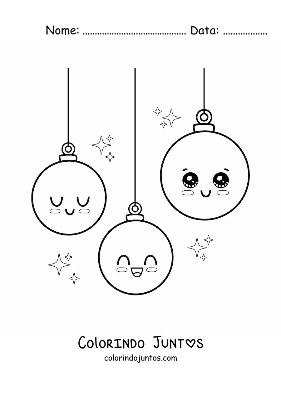 Desenho para colorir de bolas de Natal kawaii animadas