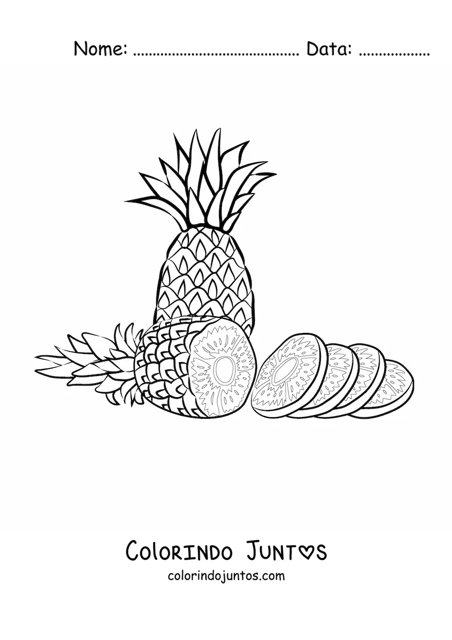 Desenho para colorir de um abacaxi fatiado em pedaços e outro abacaxi atrás