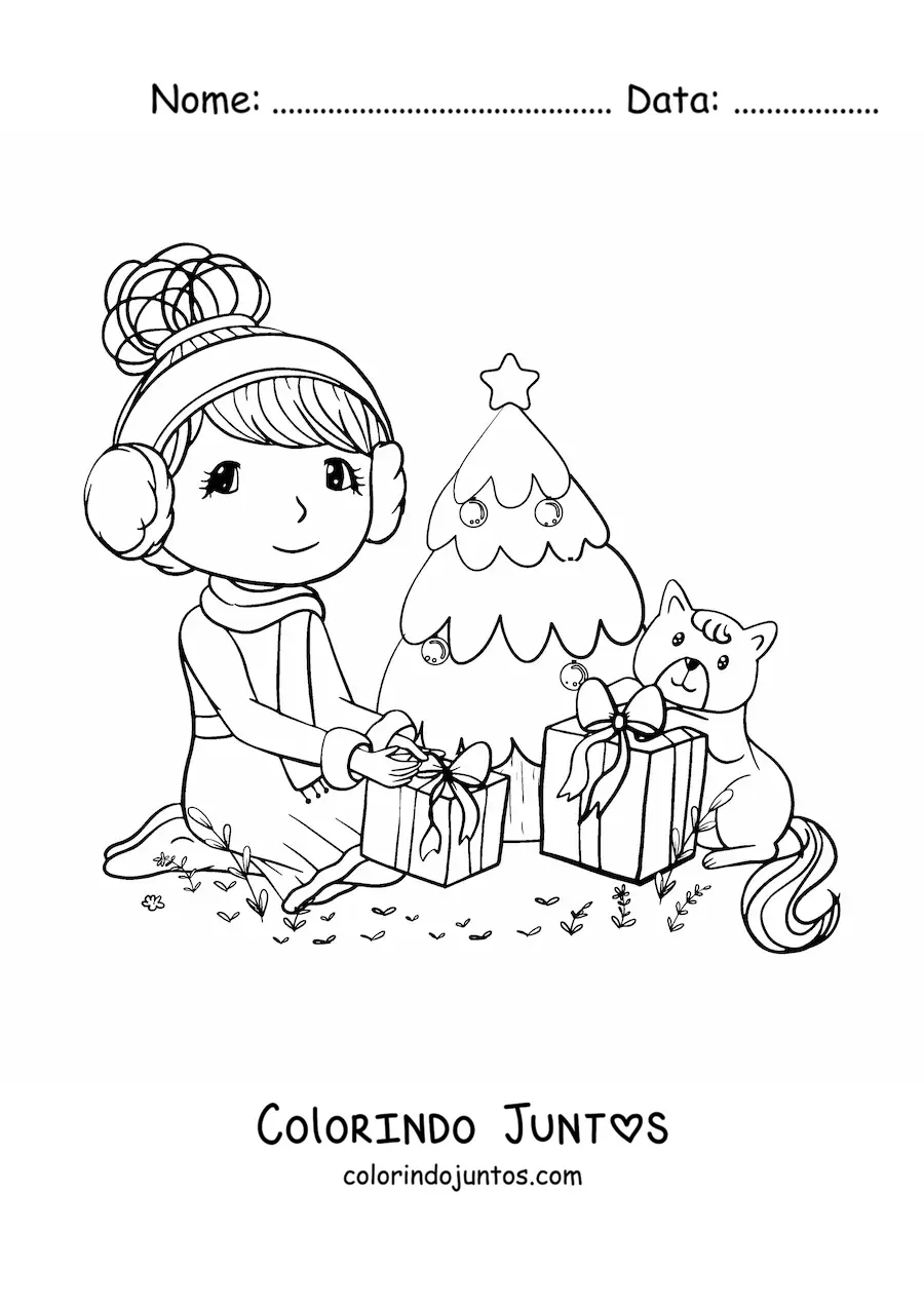 Desenho para colorir de menina com gato kawaii abrindo presentes no Natal