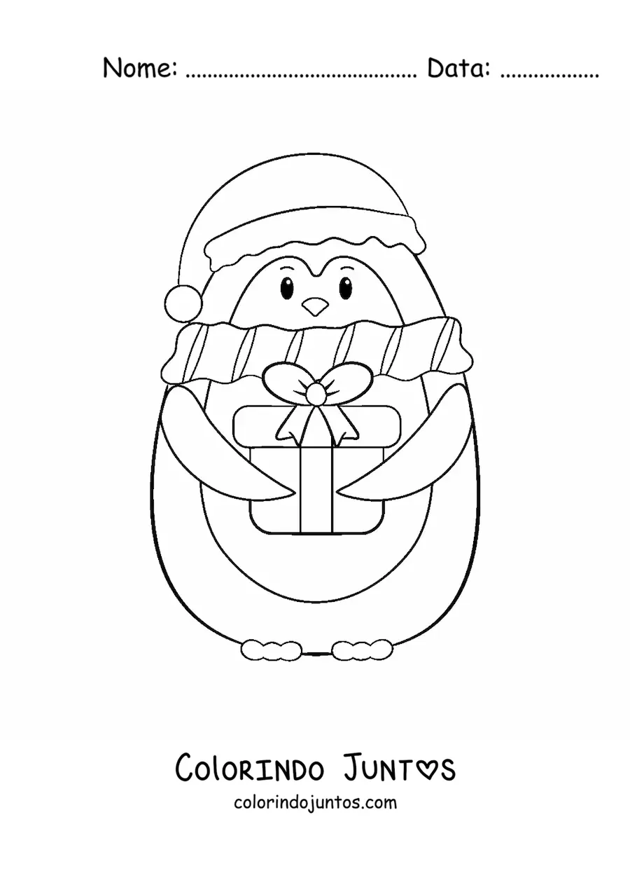 Desenho para colorir de pinguim com presente de Natal