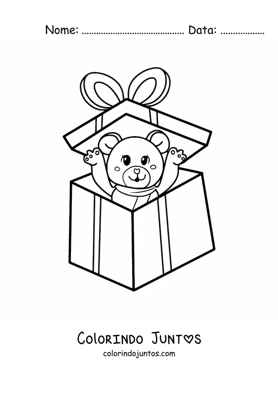 Desenho para colorir de urso com presente de Natal