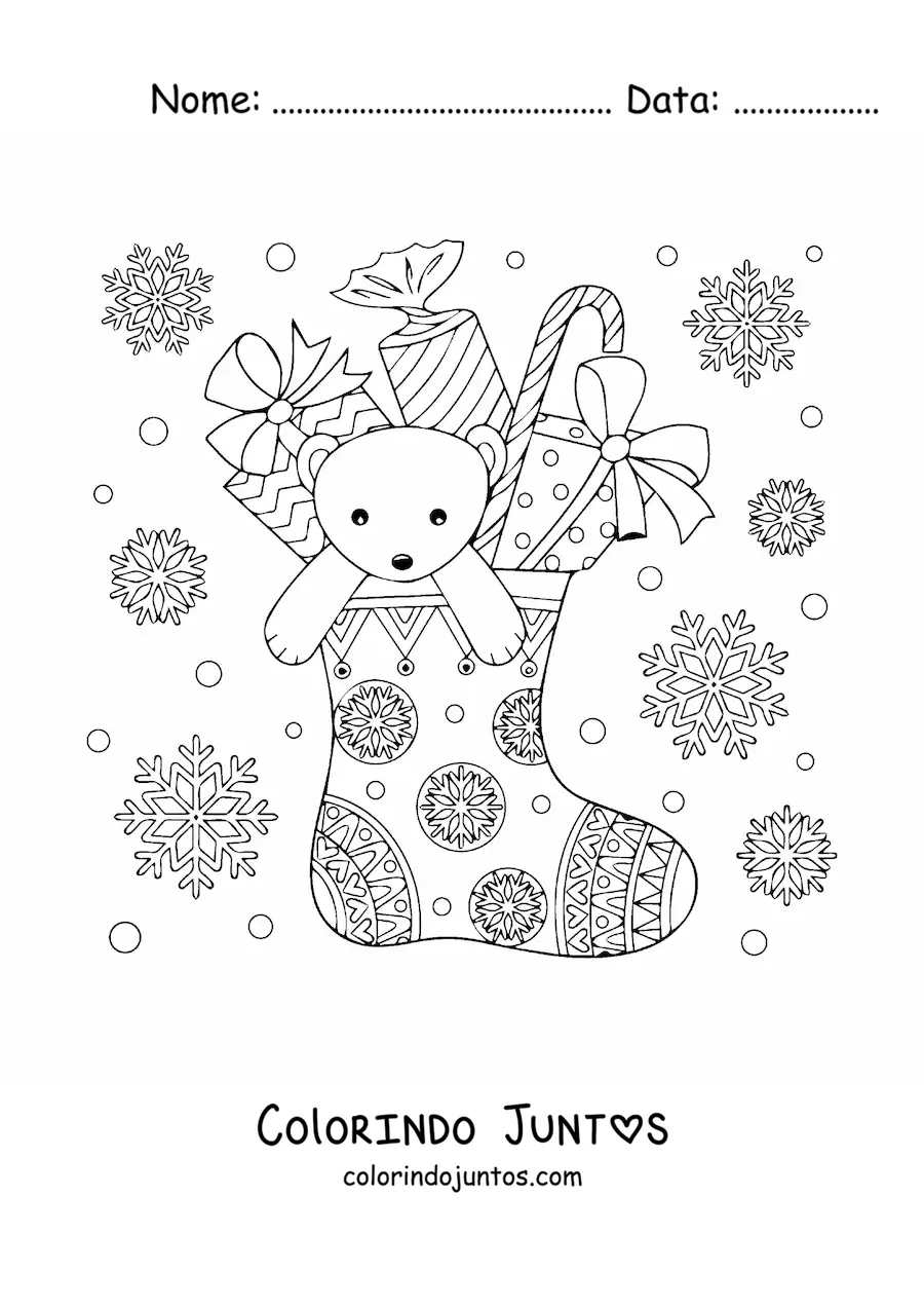 Desenho para colorir de bota de Natal com presentes e urso de pelúcia
