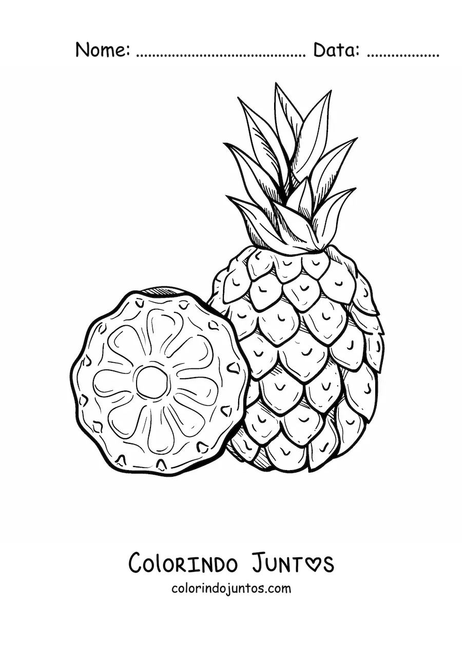 Desenho para colorir de um abacaxi e uma fatia ao lado