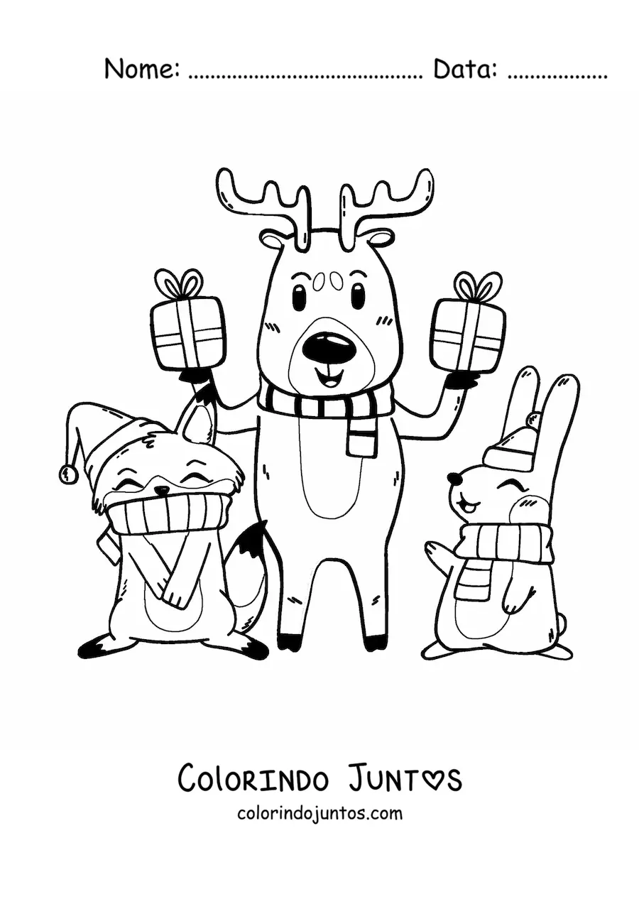 Desenho para colorir de rena de Natal com animais kawaii e presentes