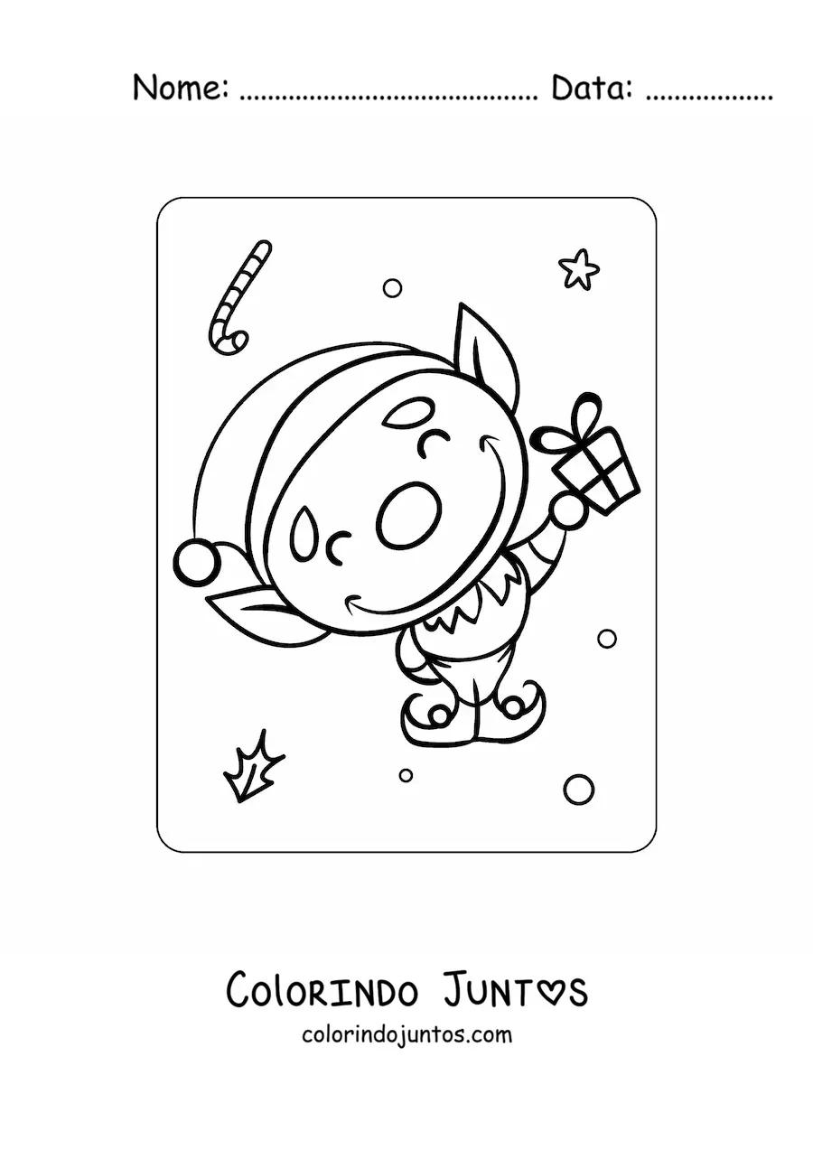 Desenho para colorir de elfo de Natal animado com presente