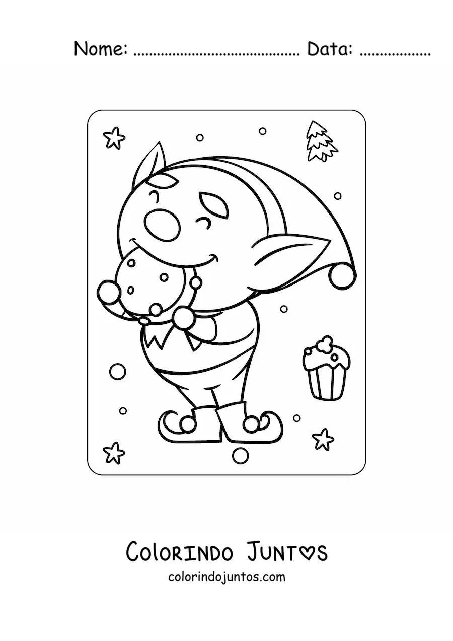 Desenho para colorir de elfo de Natal animado comendo um biscoito