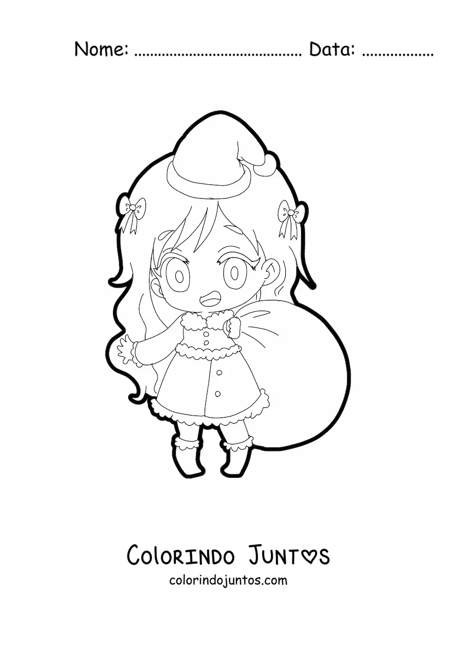 Desenho para colorir de menina kawaii com roupa de Natal e saco de presentes estilo anime