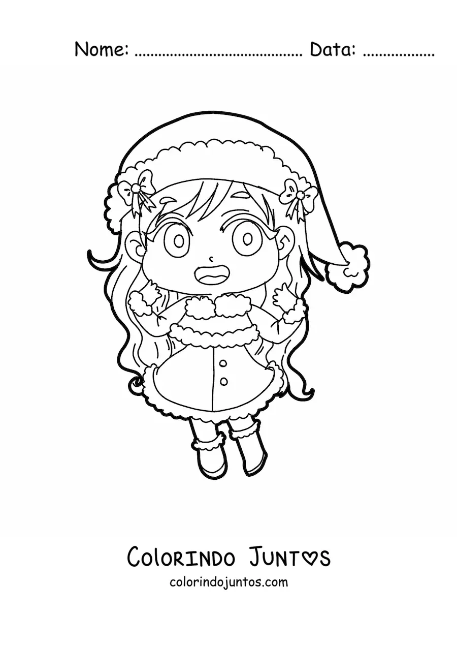 Desenho para colorir de menina kawaii com vestido de Natal estilo anime