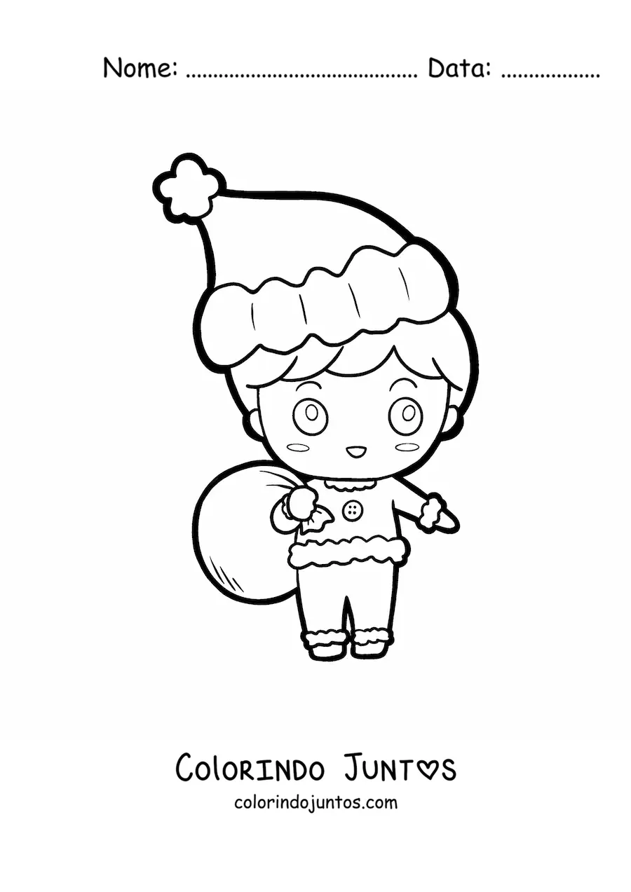 Desenho para colorir de menino kawaii com gorro de Natal e saco de presentes