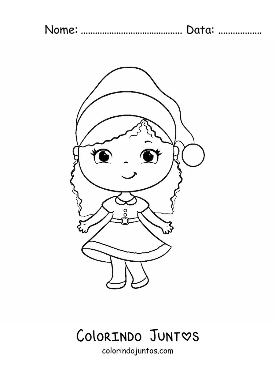Desenho para colorir de menina com vestido de Natal