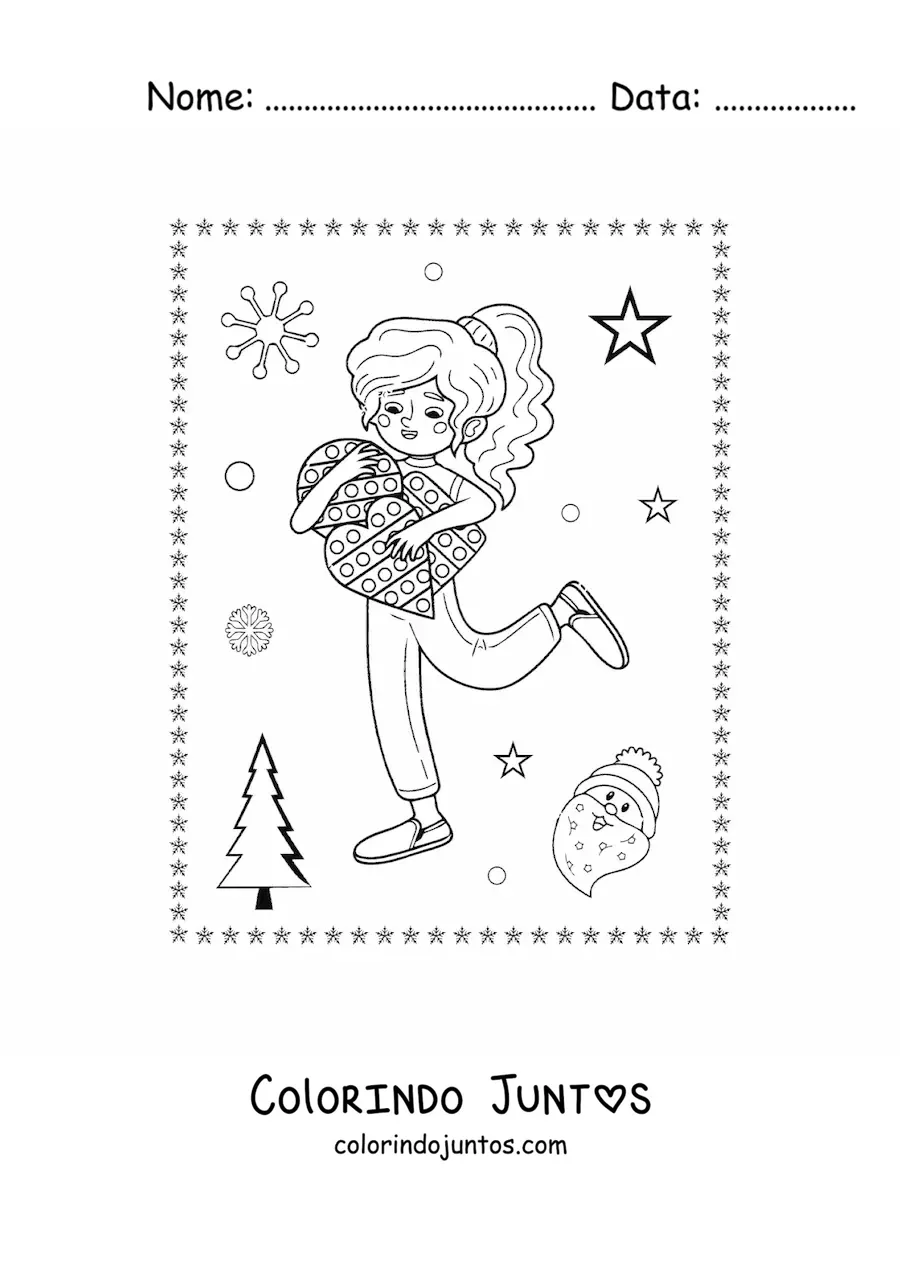Desenho para colorir de menina com brinquedos no Natal