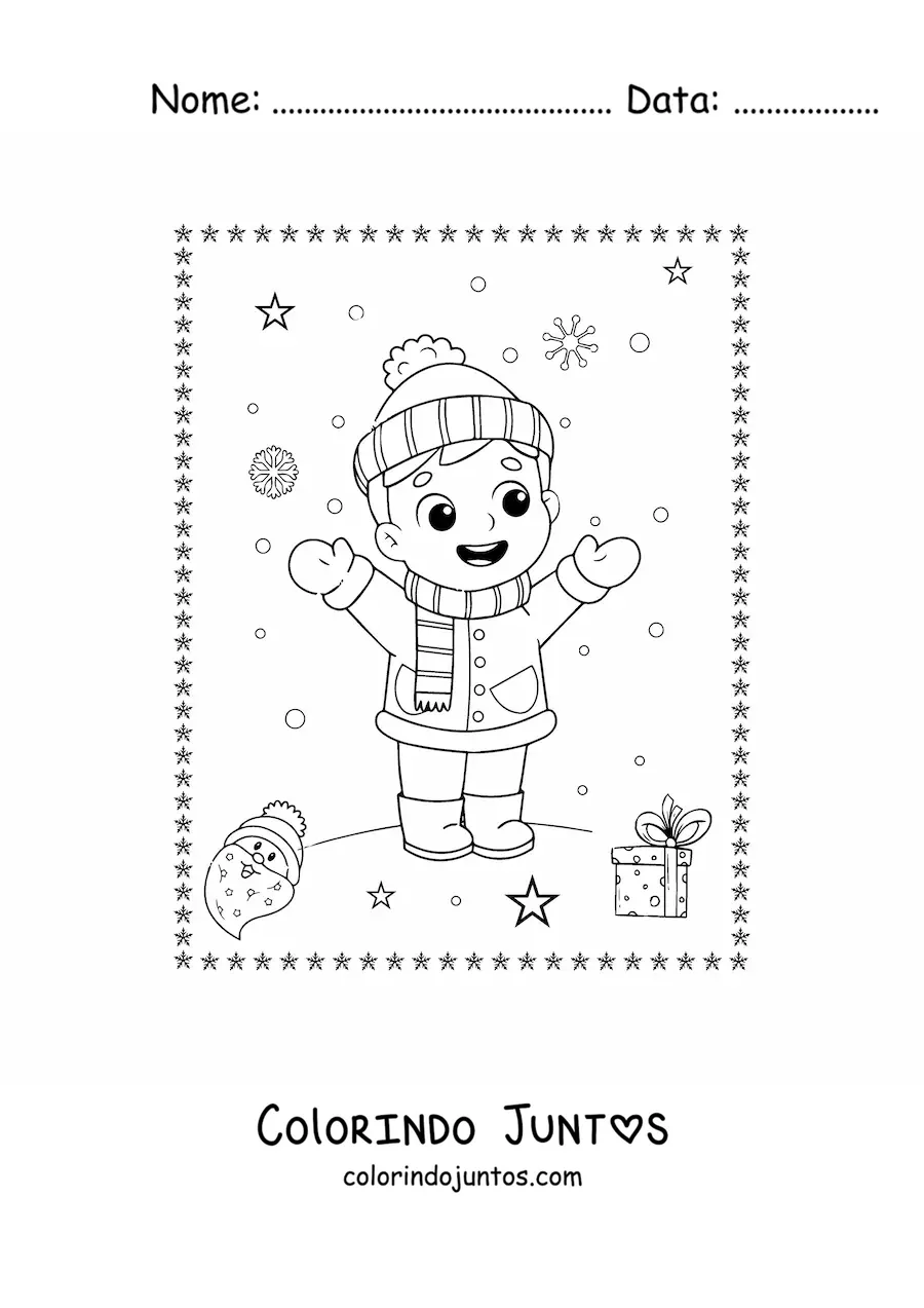 Desenho para colorir de menino brincando na neve no Natal