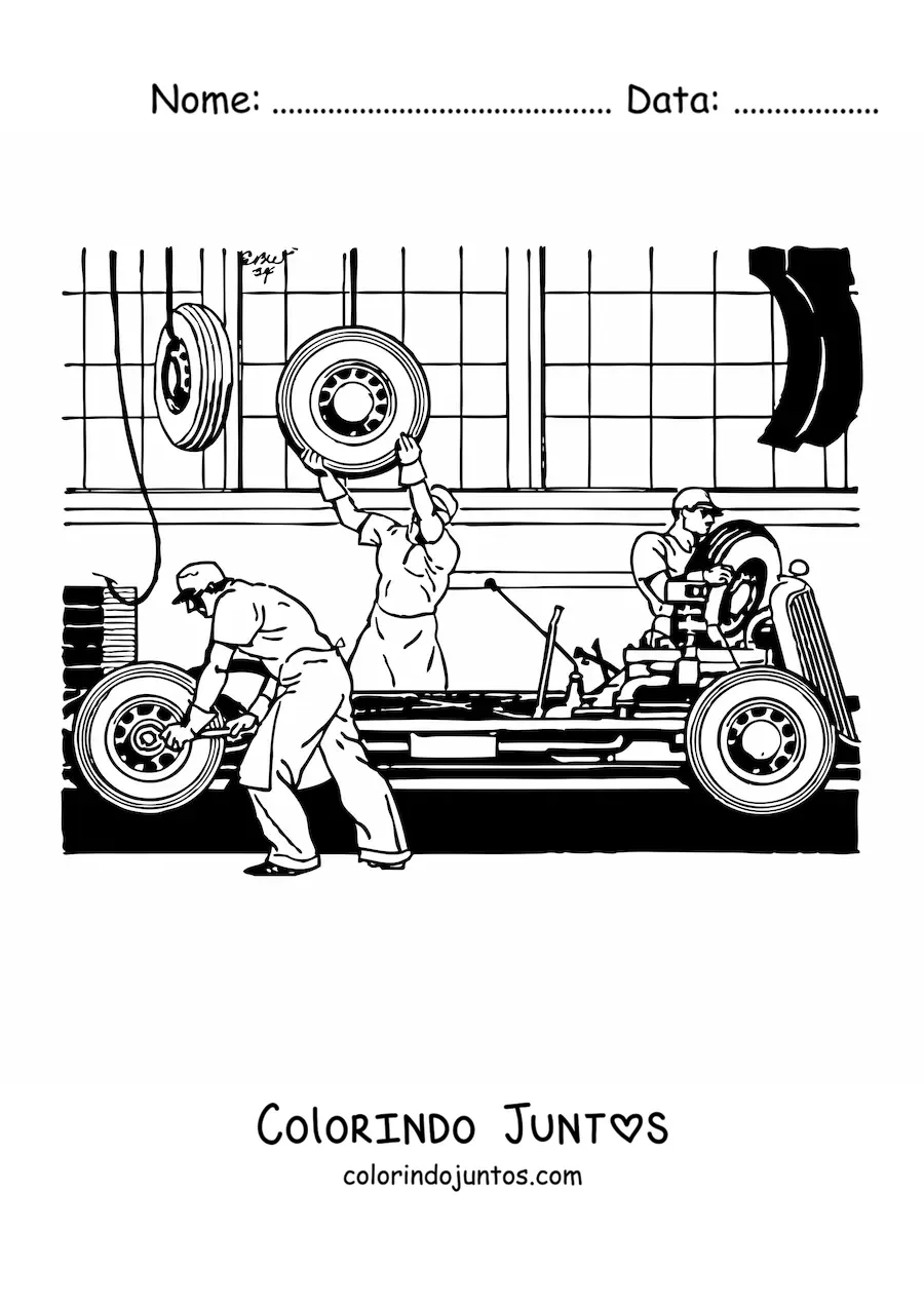 Desenho para colorir de homens montando um carro em uma fábrica