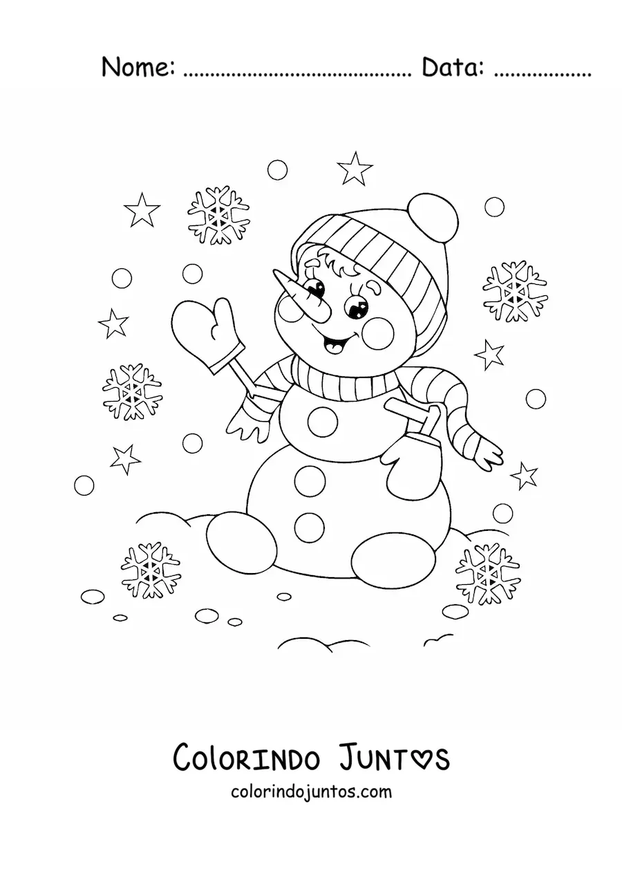 Desenho para colorir de boneco de neve animado com cachecol e flocos de neve
