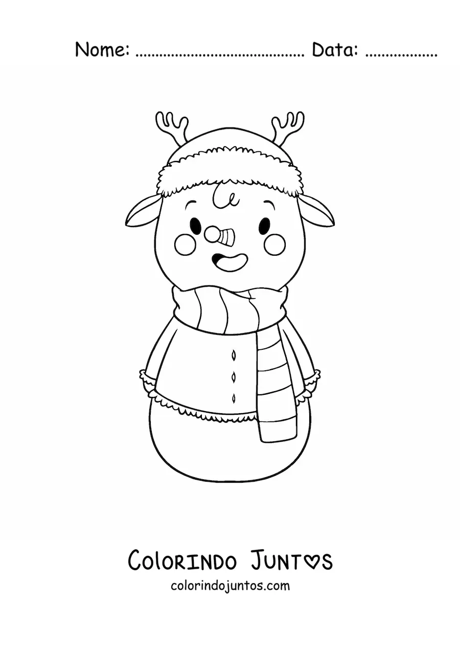 Desenho para colorir de boneco de neve rena kawaii com cachecol