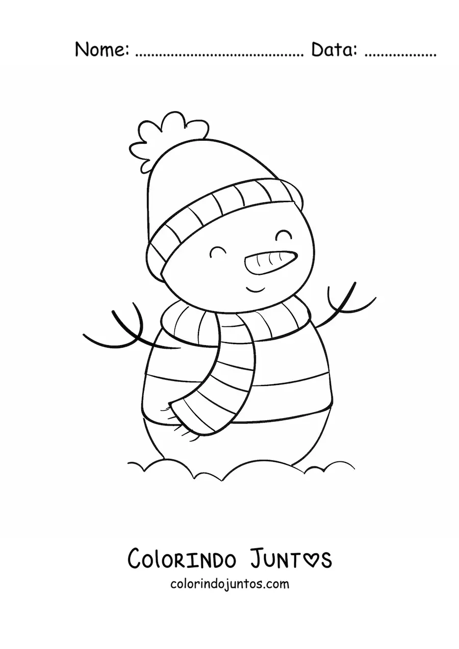 Desenho para colorir de boneco de neve com roupa de inverno