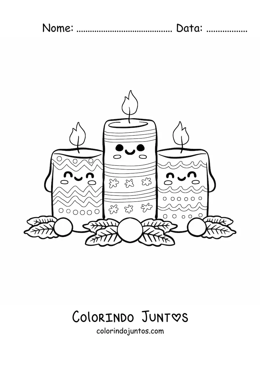 Desenho para colorir de velas de Natal kawaii animadas com motivos natalinos