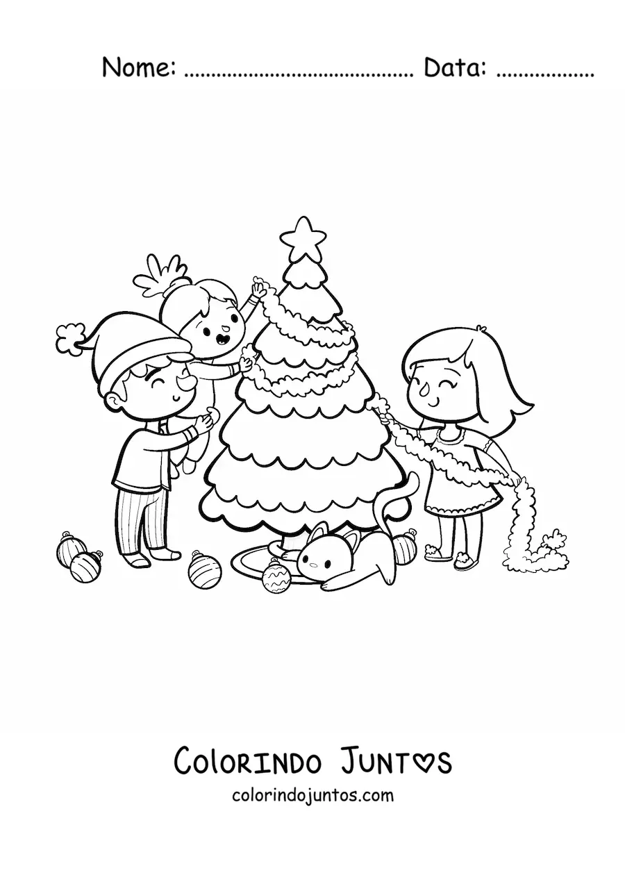 Desenho para colorir de família kawaii com gato decorando a árvore de Natal