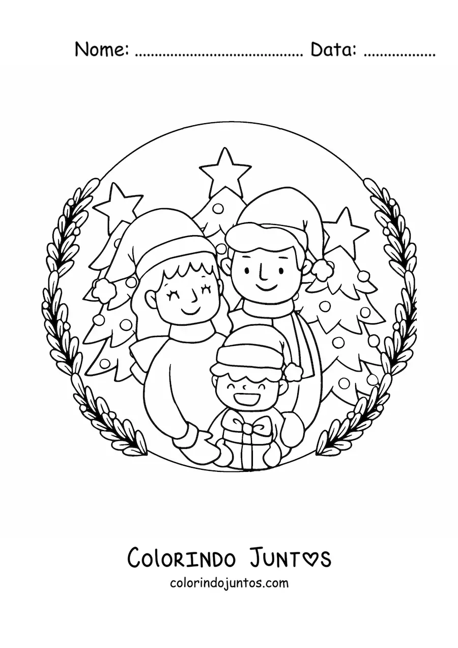 Desenho para colorir de família de 3 pessoas na neve no Natal