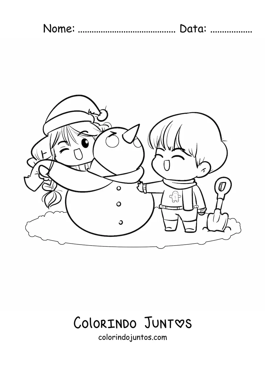 Desenho para colorir de casal montando um boneco de neve