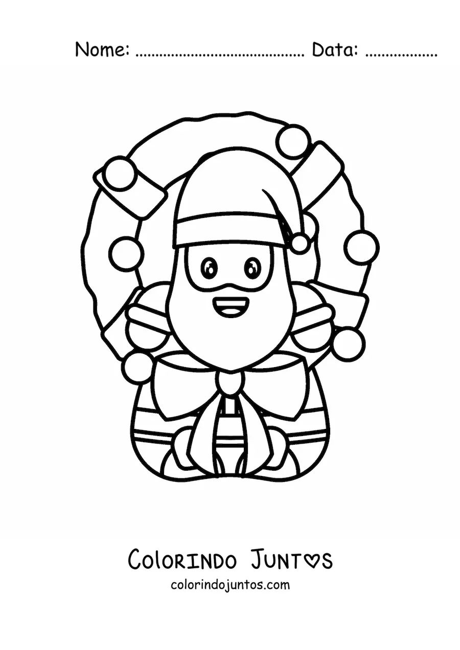 Desenho para colorir de guirlanda de Natal com Papai Noel kawaii