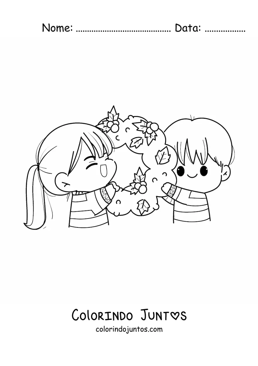 Desenho para colorir de casal kawaii com guirlanda de Natal