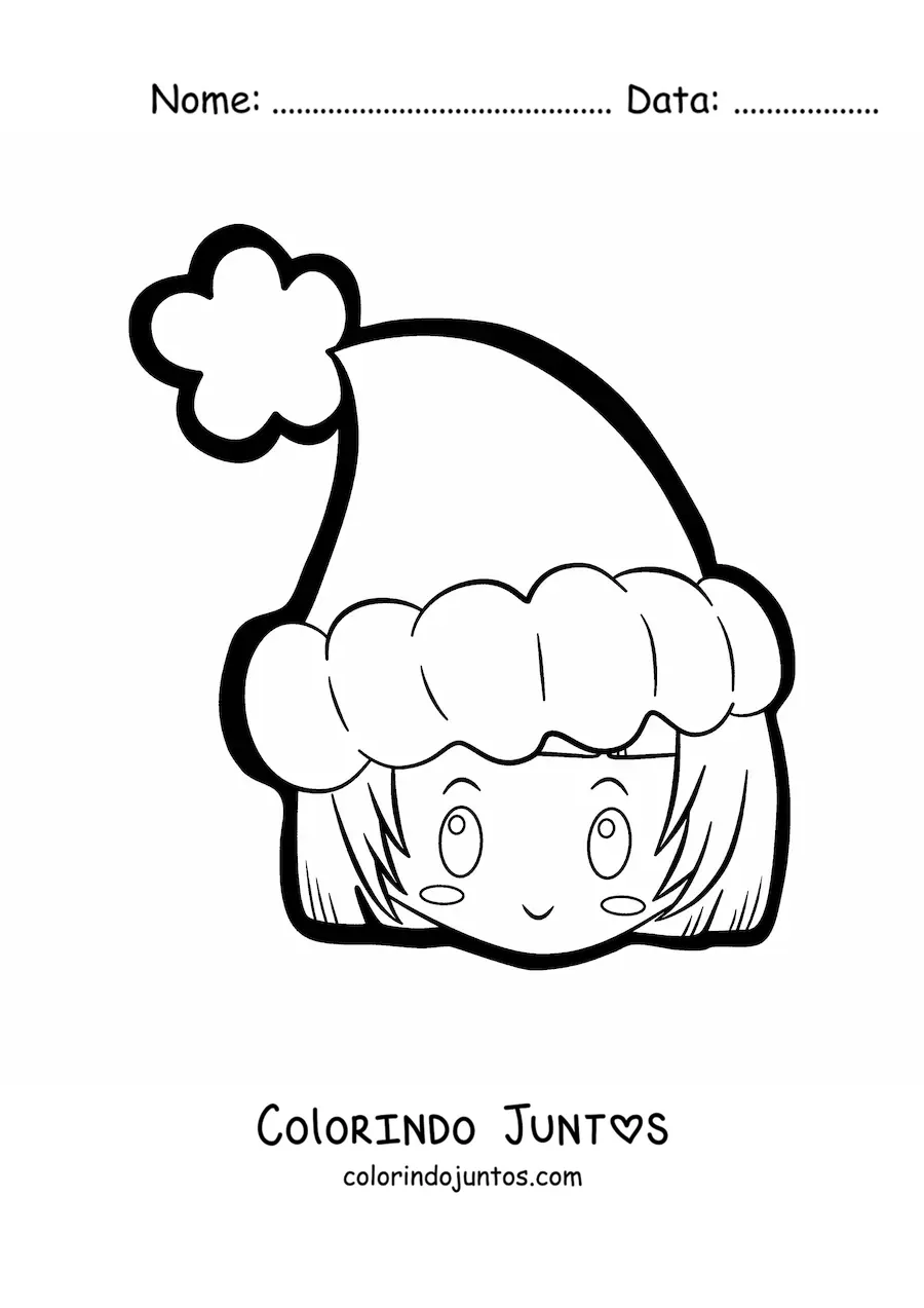 Desenho para colorir de menina kawaii com gorro de Natal