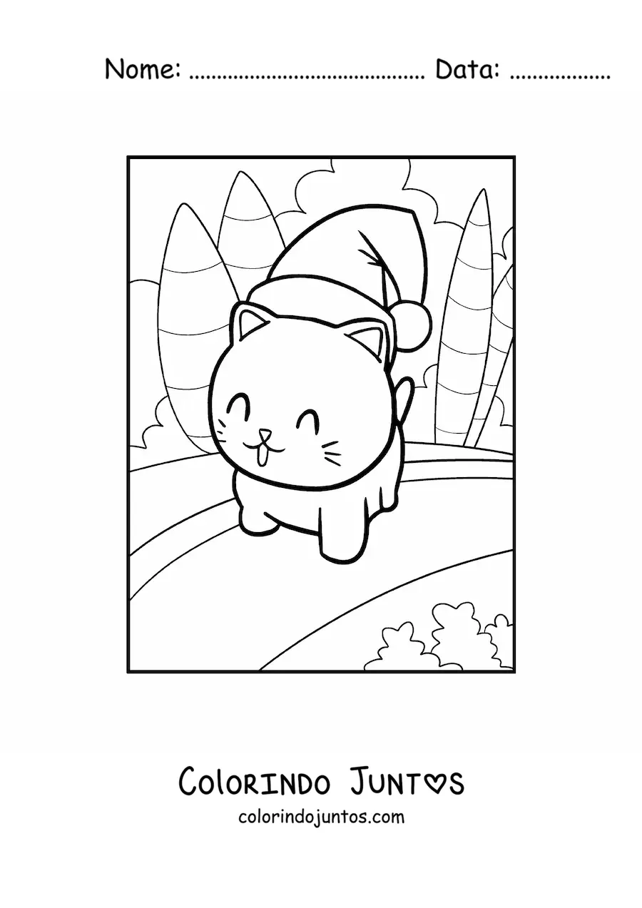 Desenho para colorir de gato kawaii com gorro de Natal