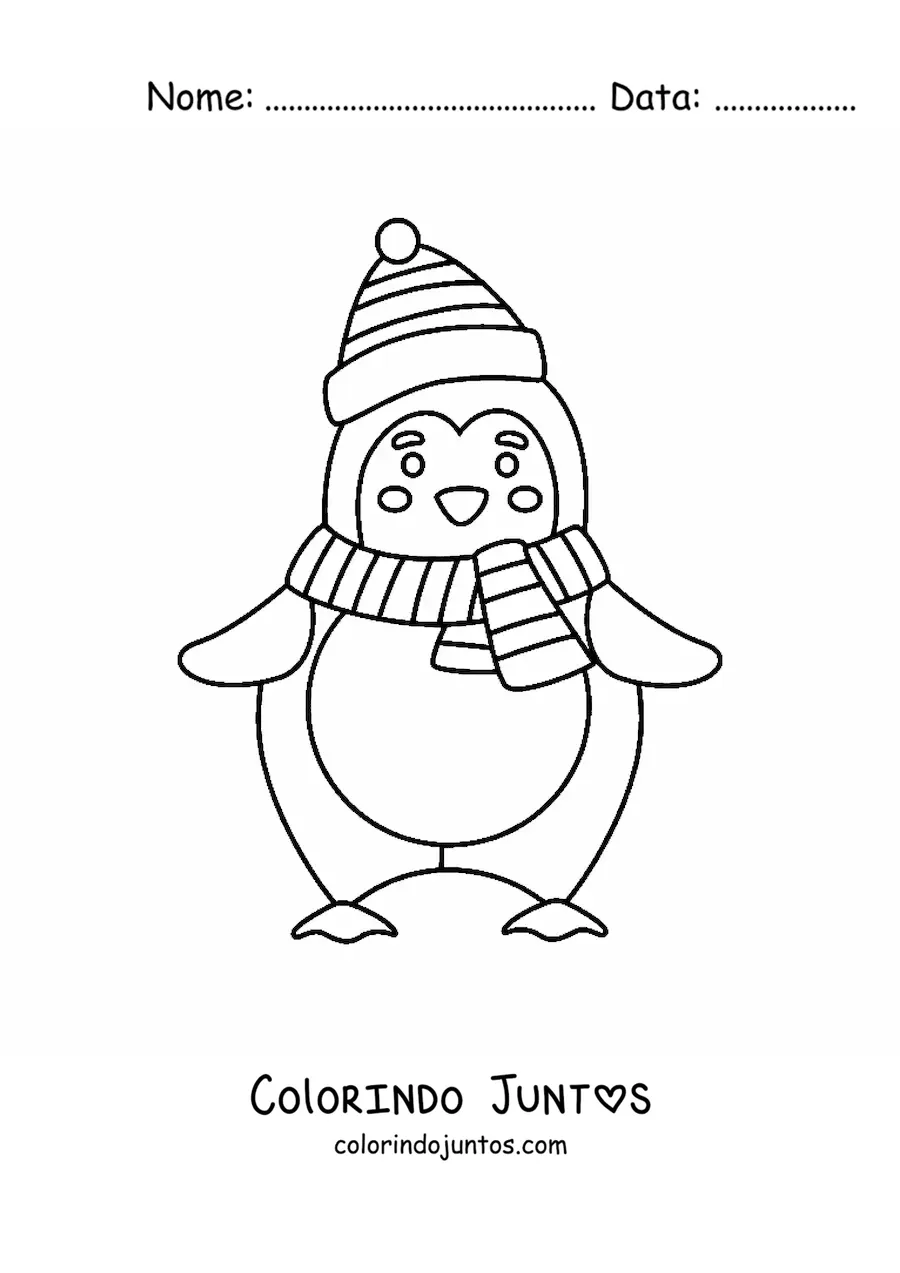 Desenho para colorir de pinguim kawaii com gorro de Natal