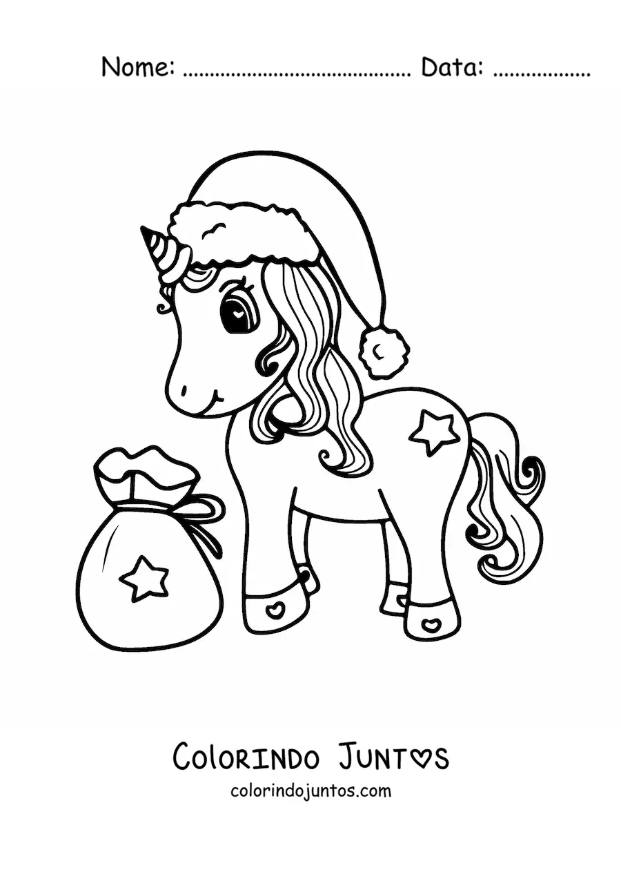 Desenho para colorir de unicórnio kawaii com gorro de Natal