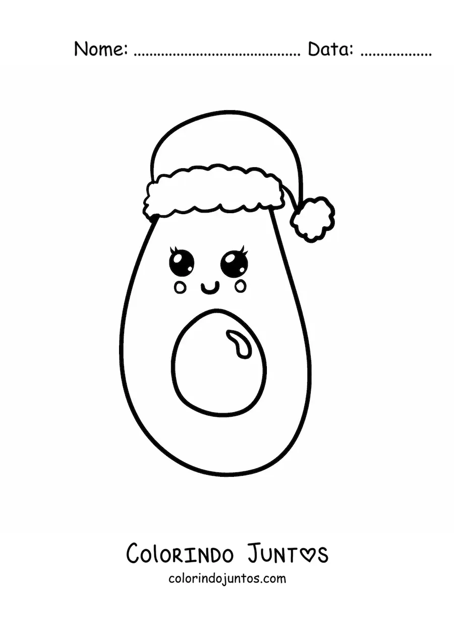 Desenho para colorir de abacate kawaii com gorro de Natal