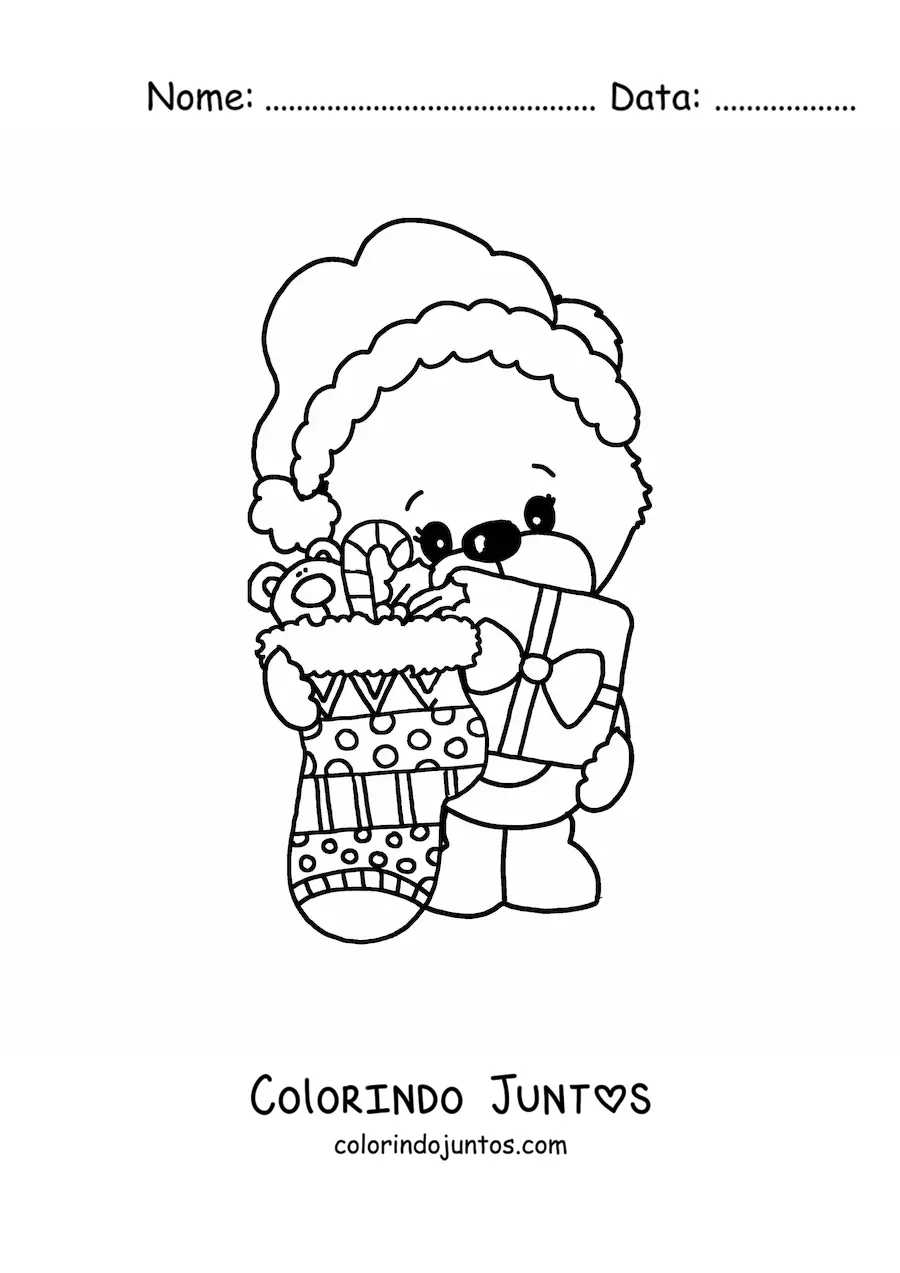 Desenho para colorir de urso kawaii com presentes e bota de Natal