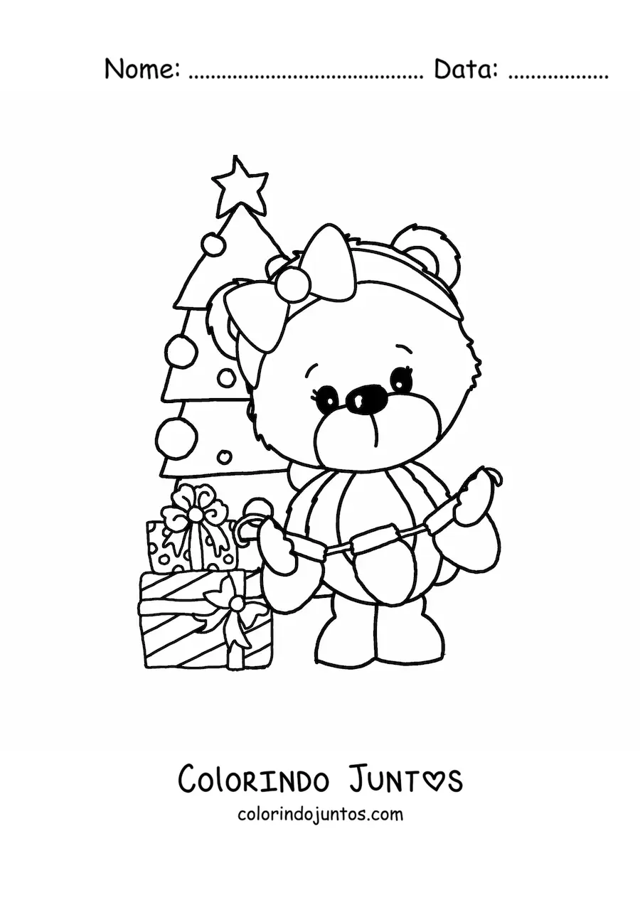 Desenho para colorir de urso de Natal com árvore de Natal e presentes