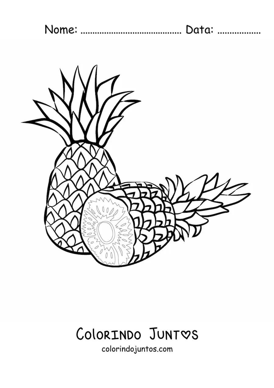 Desenho para colorir de um abacaxi e outro abacaxi cortado ao meio