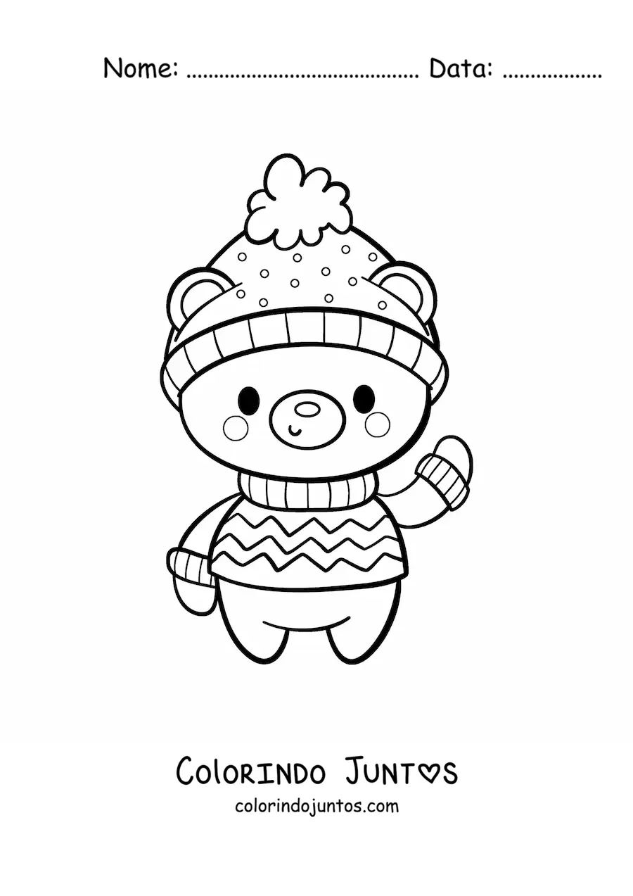 Desenho para colorir de urso de Natal kawaii com suéter e gorro