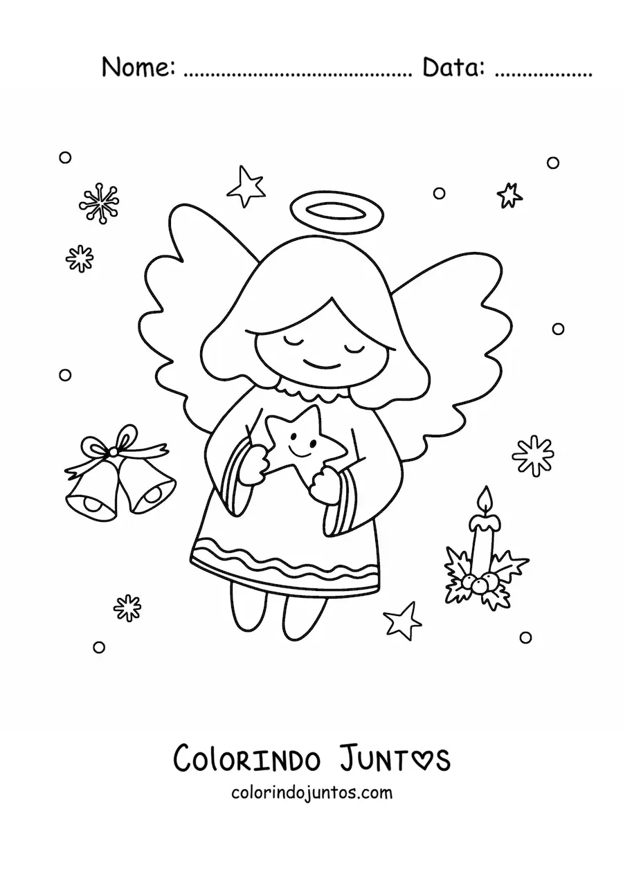Desenho para colorir de anjo de Natal kawaii com estrela