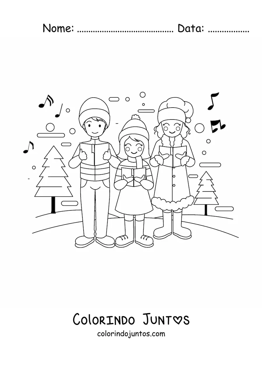 Desenho para colorir de família cantando canções de Natal