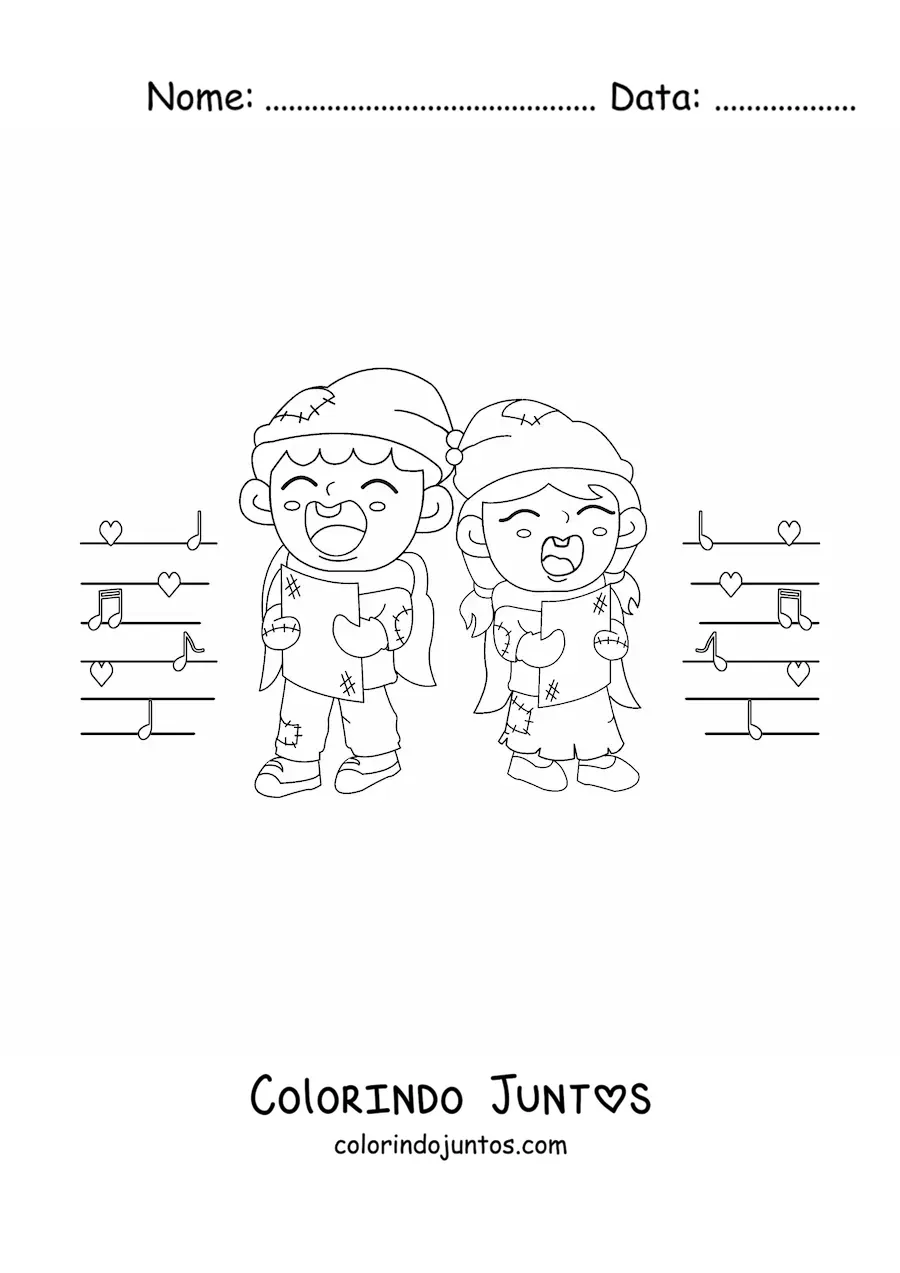 Desenho para colorir de crianças pobres cantando canções de Natal