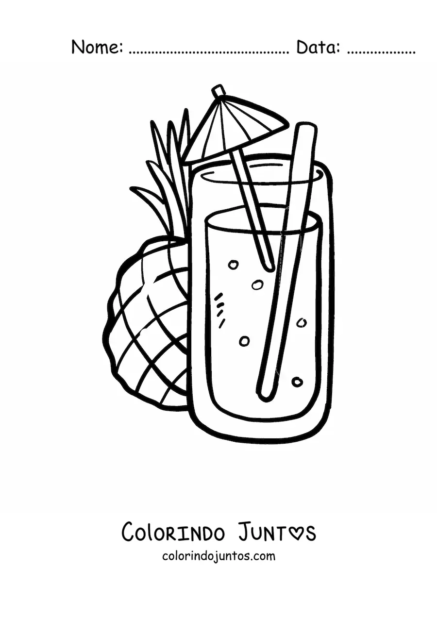 Desenho para colorir de um suco de abacaxi com sombrinha e um abacaxi ao fundo