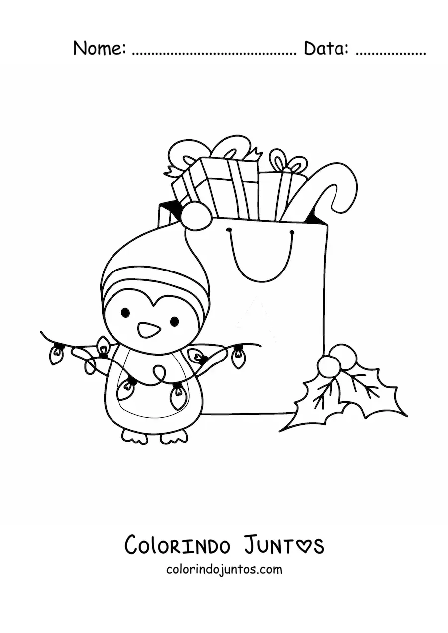 Desenho para colorir de pinguim de Natal kawaii com presentes e luzes
