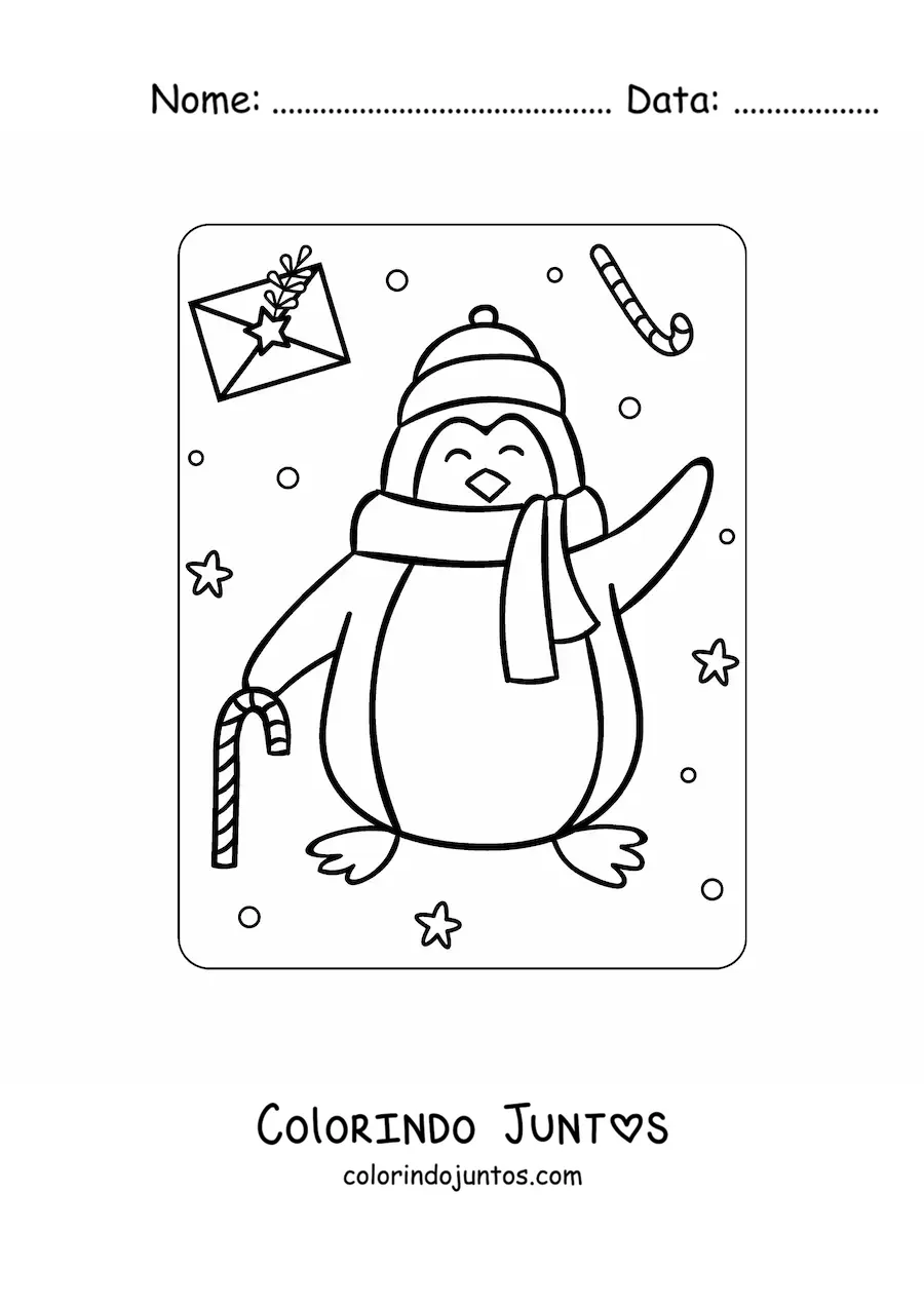 Desenho para colorir de pinguim de Natal com cachecol