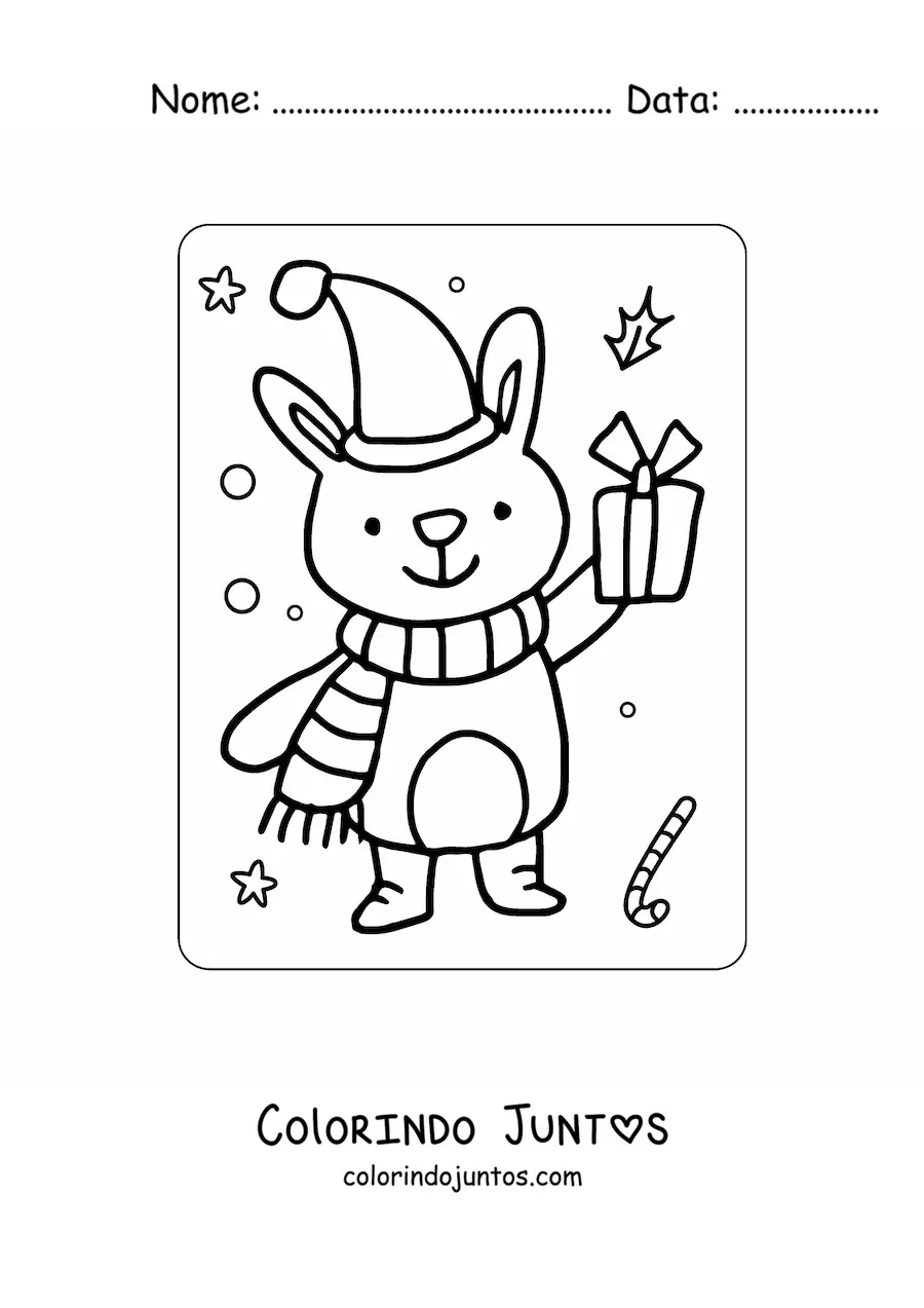 Desenho para colorir de coelho de Natal com cachecol