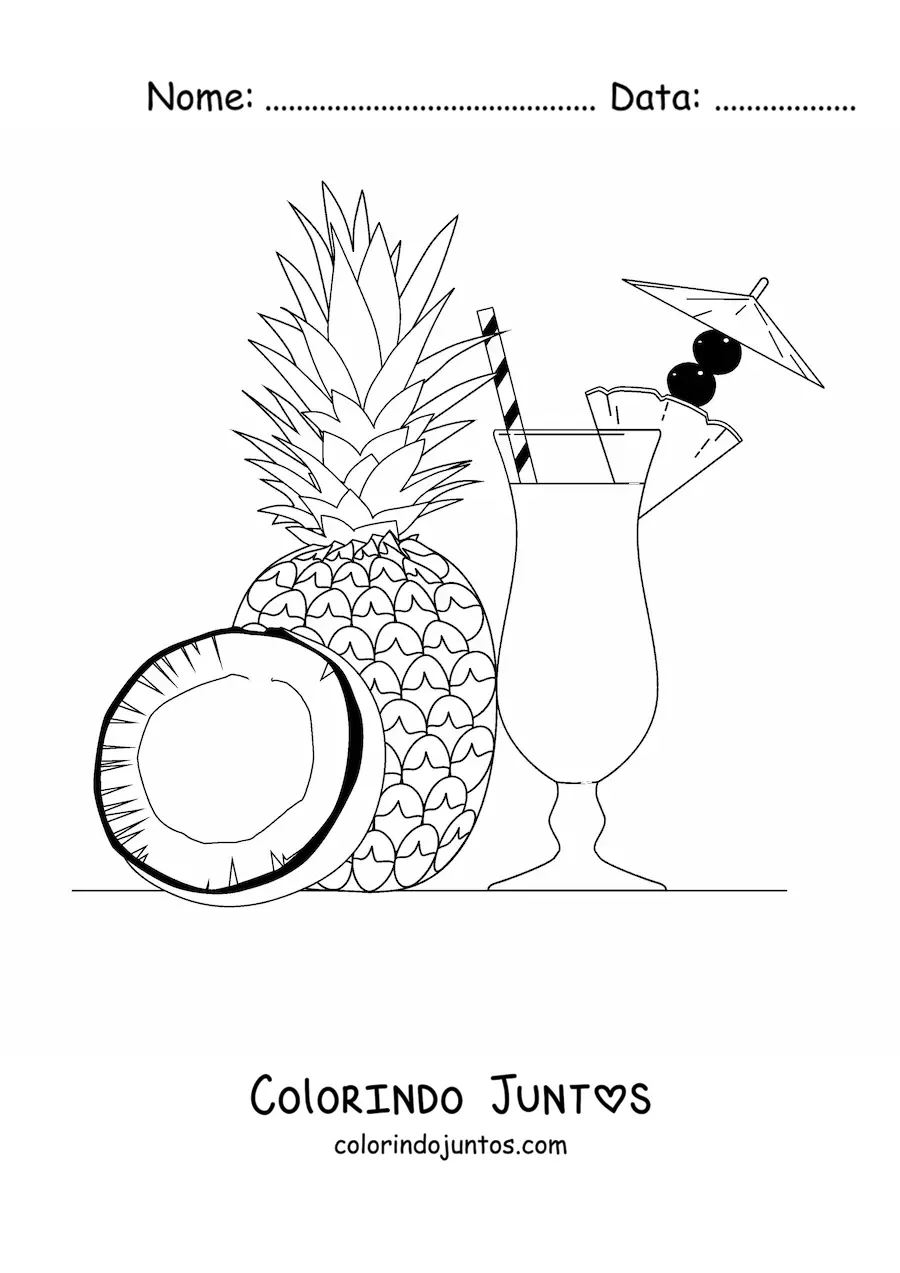 Desenho para colorir de uma piña colada com um abacaxi ao lado e um pedaço de coco