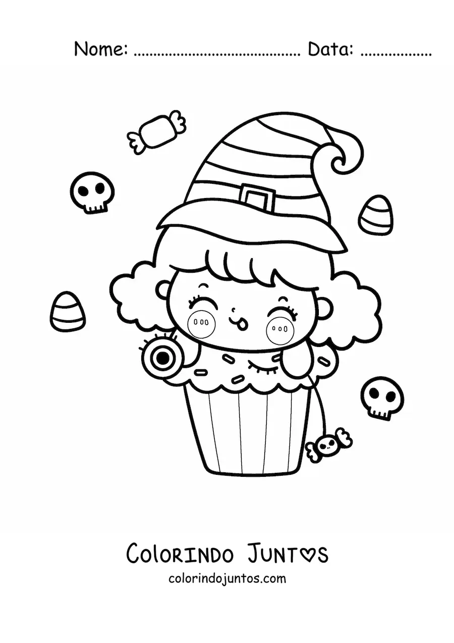 Desenho para colorir de bruxinha kawaii em um cupcake