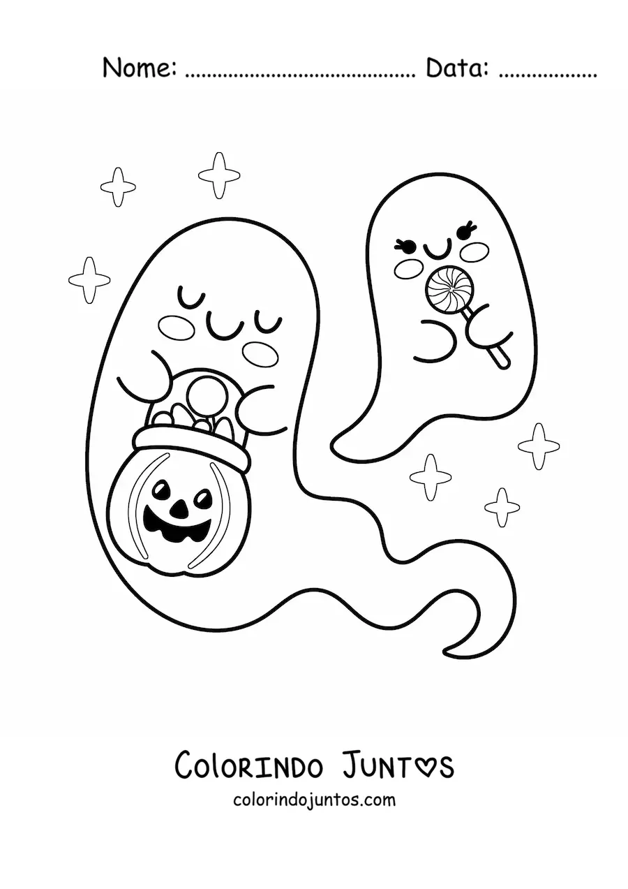 Desenho para colorir de fantasmas kawaii com doces de Halloween