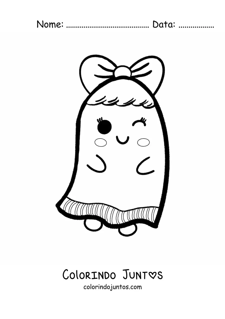 Desenho para colorir de fantasma kawaii com um laço