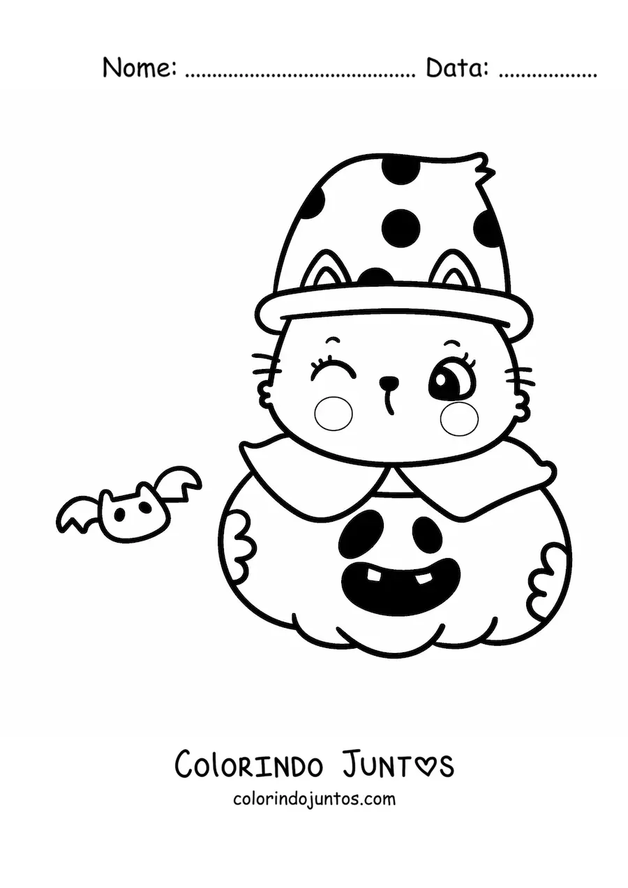 Desenho para colorir de gatinho kawaii com morcego em uma abóbora de Halloween